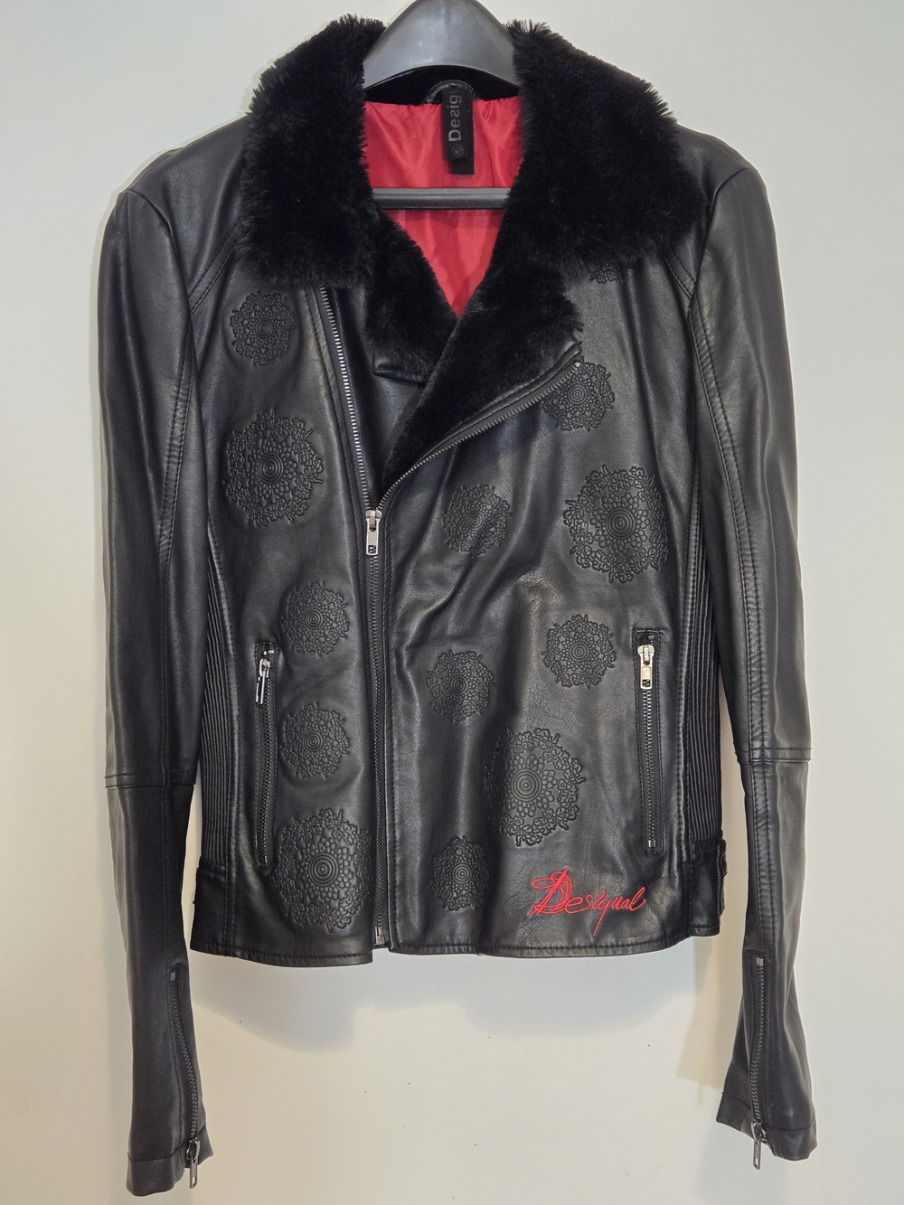 Desigual Black Faux Leather Jacket with Faux Fur Collar *AS-IS*Red Logo Sz EU 40